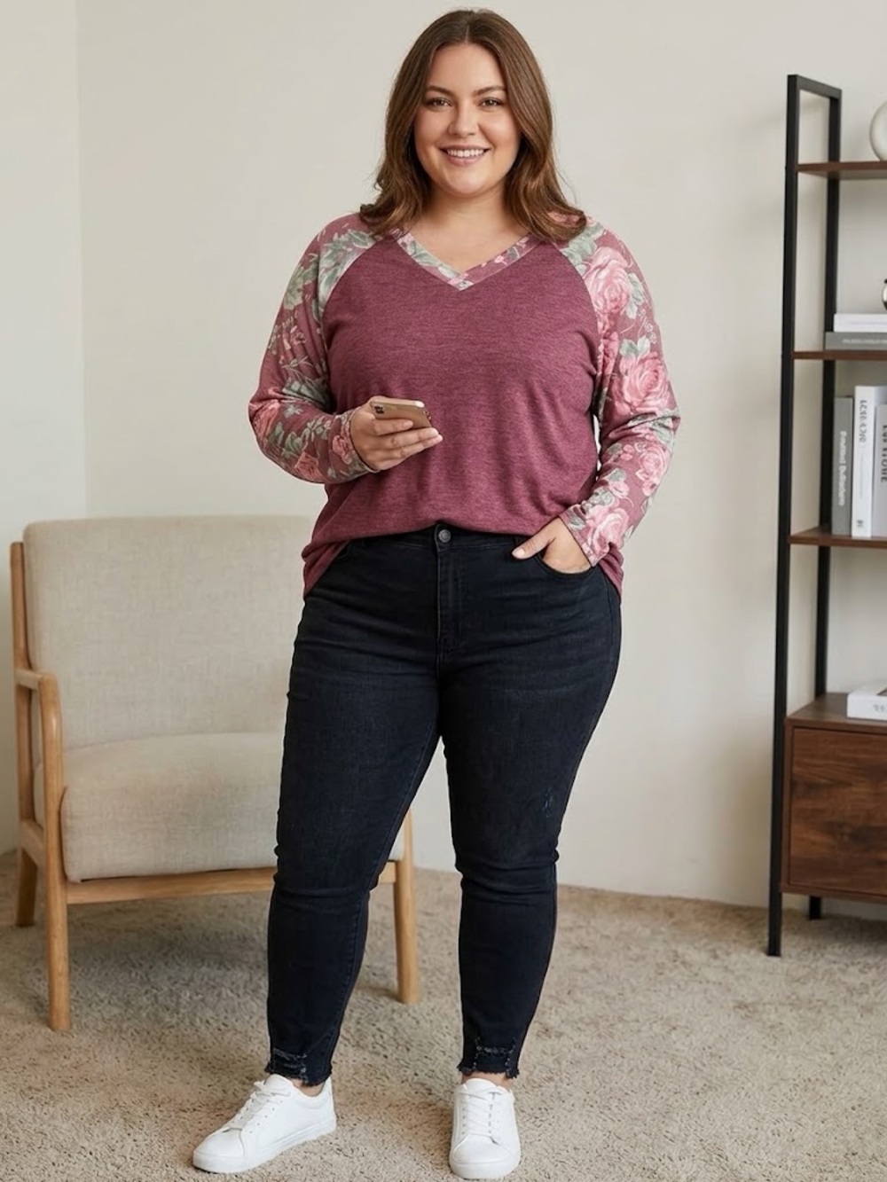 Emerald Burgundy V-Neck Tunic with Floral Raglan Sleeves